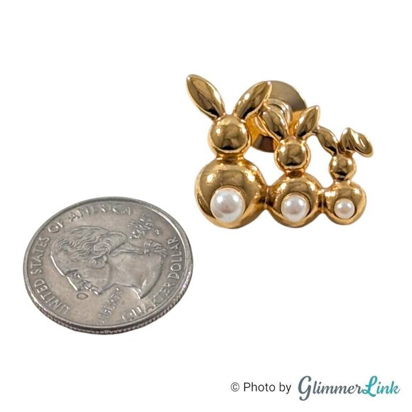 Vintage 90s Avon Three Bunnies Faux Pearl Tails Gold Tone Pin - Picture 2 of 5